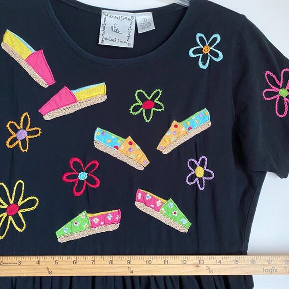 Michael Simon Maxi T-shirt Dress S Black Shoes Embroidered Design Artsy Vacation - Picture 5 of 8